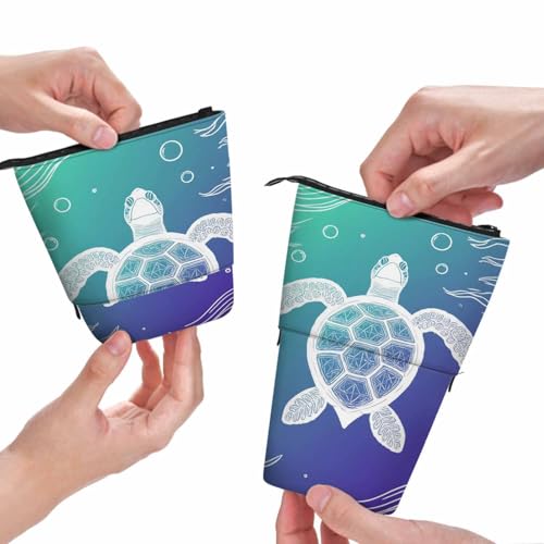 Image of Swono Turtle Pencil Pouch Marine Ocean Sea Aquatic Tortoise Line Art Style Stand Up Pencil Case Organizer Pencil Holder Makeup Bag Gift Aqua Blue