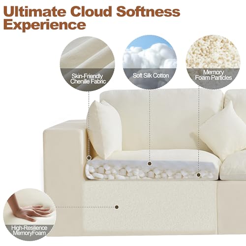 Image of 83''Cloud Boneless Sectional Couch, Modular Sectional Sofa Deep Seat, Upholstered Convertible Comfy Loveseat Chenille Memory Foam Sofa Couches for Living Room, Beige