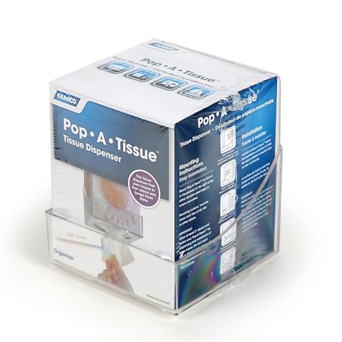 Camco Pop-A-Tissue- Tissue Box Holder- Mounts to Walls and Cabinets, Dispenses Tissue and Holds Tissue Boxes Upward or Downward- Perfect for RVs and Trailers, Easy Install - Clear (57101)