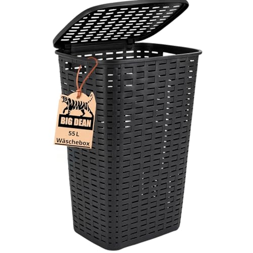 Wäschekorb mit Deckel anthrazit/bräunlich in Rattanoptik XL mit 2 Griffen Wäschetonne Plastik Wäschekorb mit Deckel anthrazit/bräunlich in Rattanoptik XL mit 2 Griffen Wäschetonne Plastik