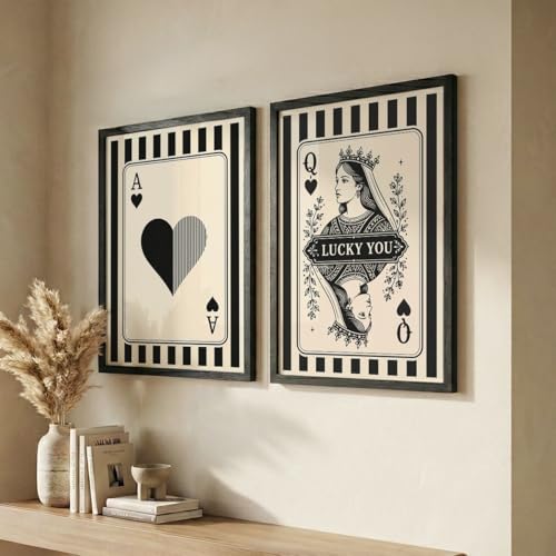 Image of NoWorries Ace & Queen of Hearts Playing Card Wall Art Set of 2, Black and White Casino Decor, Framed Poker Room Wall Decor, Minimalist Playing Card Prints, Modern Game Room Artwork for Living Room (Art-14, 13x19inch)