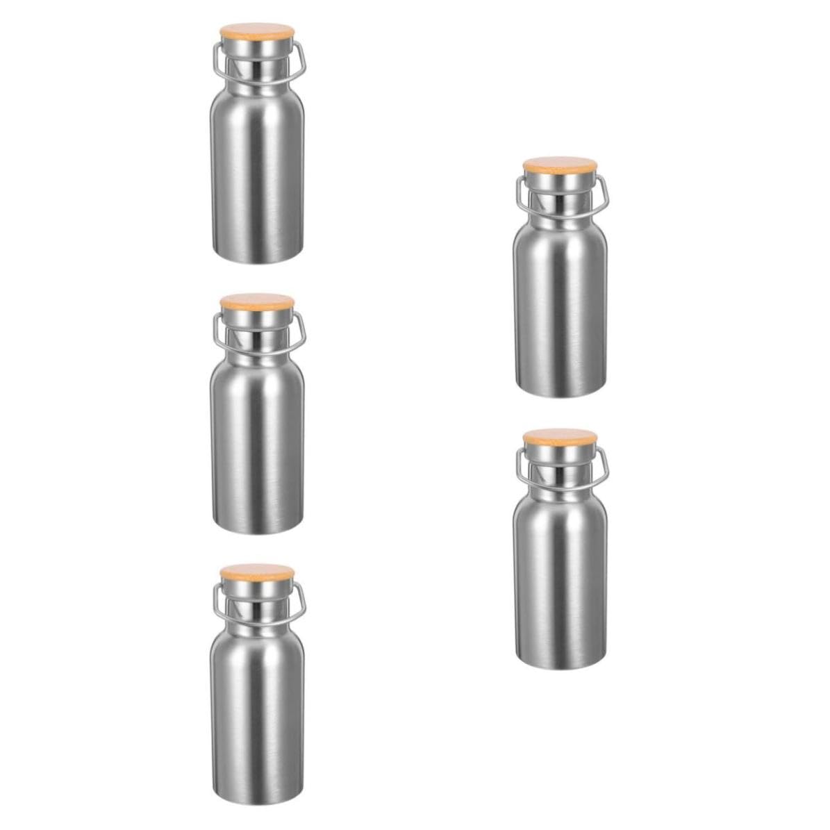 5 Stück Vakuum Wasserflasche 350ml Edelstahl mit Bambusdeckel, Silber
