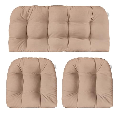RSH DECOR: Sunbrella Play 3-Piece Tufted Wicker Cushion Set | for Large Wicker Sets | Outdoor Loveseat & U-Shaped Seat Cushions | Water & Fade Resistant Fabric | Play Cameo Blush Pink - Made in USA