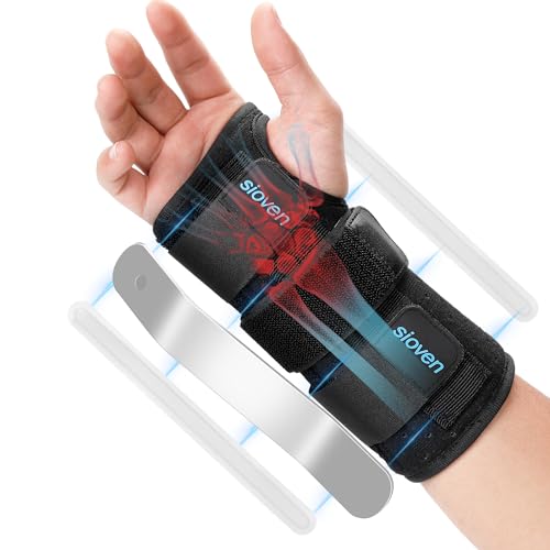 Sioven Carpal Tunnel Wrist Support Brace with 3 Straps Metal Splint Stabilizer - Carpal Tunnel Wrist Splint for Sprains, and Tendonitis (Black, Right Hand L/XL)