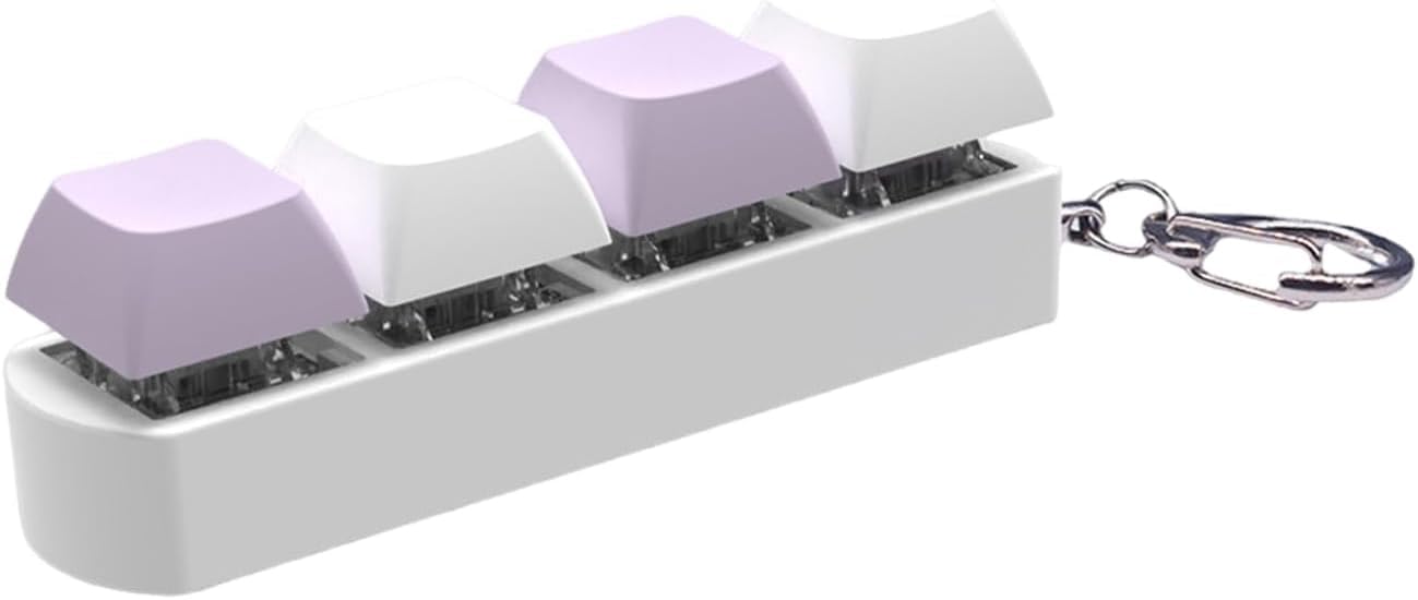 LUYAO White & Purple Compact Keyboard Fidget Toy Mini Sensory Durable 4-Button Keycap with Sound Light Portable Stress Relief Mechanical Keychain Pendant