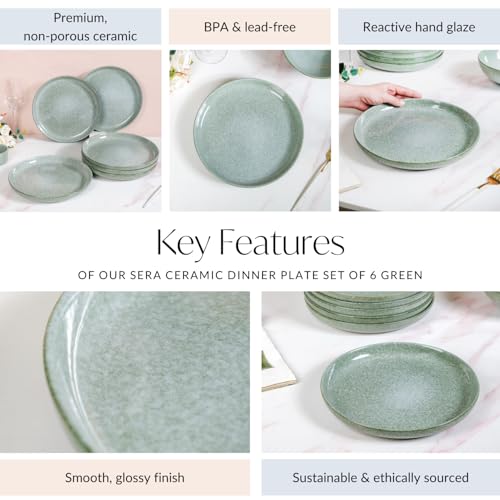 Image of Nestasia Ceramic Set of 6 Dinner Plates (10 Inch Each) - Microwave & Dishwasher Safe Full Plates with Stoneware Texture - Perfect for Home, Kitchen, Dining & Gifting (Sage Green)