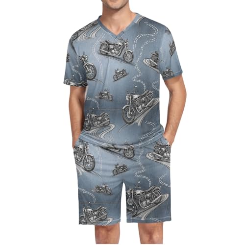 Mens Short Sleeve Pajama Set Motorcycle Pattern on Blue 2-piece Lounge Sleep Sets Men's Sleepwear S-XXL