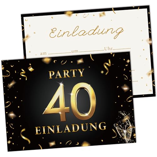 AWCIGG Einladungskarten 40. Geburtstag Frau Mann, 15 Stück karten zum 40. Geburtstag blanko A6 (148x105mm), Kartenset in Schwarz & Gold, Beschriftbare 40 ggeburtstag Seinladungen, Partyzubehör