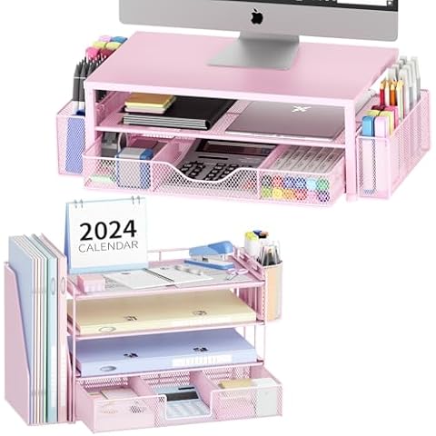 OPNICE Desk File Organizer with Monitor Stand(Pink) Cover