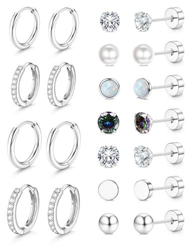 Image of Shining Diva Fashion 12 Pairs Anti Tarnish Earrings Combo Set | 14K Gold Plated | Hypoallergenic Stainless Steel Earring for Sensitive Ears | Flat Back Stud Hoop Cartilage Earring for Multiple Piercing