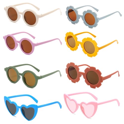 8 Pcs Toddler Sunglasses Heart Round Flower Shaped Sunglasses Colorful Cute for Girls Party Outdoor