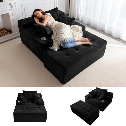 MAXYOYO Oversized Chaise Lounge Sofa, Upholstered Lounge Chair with 3 Pillows Indoor, Tufted Boneless Sofa Couch with Ottoman, Deep Seat Sleeper Chair for Living Room, Bedroom, No Assembly, Black