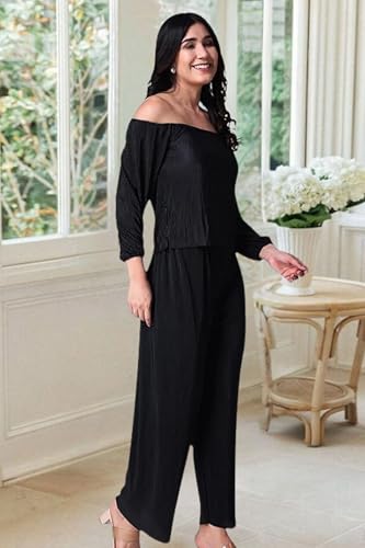Image of POPWINGS Casual Wrinkle Full Sleeves Off-Shoulder Top and Palazzo Co-ord Set for Women || Co-Ords Set for Women Stylish Western || Top and Palazzos Set for Women|| 2 Piece Set for Women