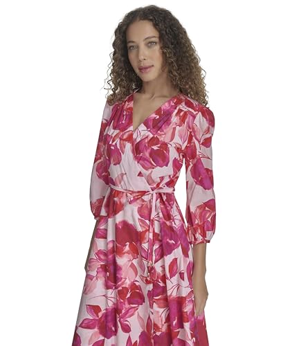 Image of Calvin Klein Women's 3 /4 Balloon Sleeve V-Neck Tie Waist Fit & Flare Midi Dress