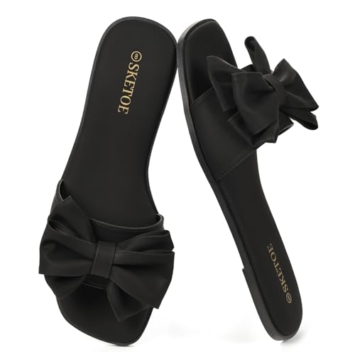 SKETOE Womens Bow Flat Sandals Saquare Toe Comfortable Slide for Wedding