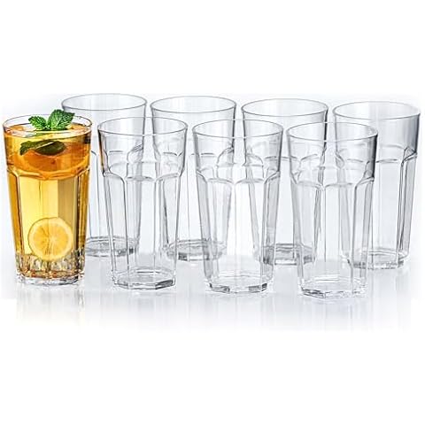 MIYOPESI 22oz Acrylic Glasses Drinkware, Octagonal Shatter-Proof Plastic Cups, Reusable Plastic Drinking Tumblers, Stackable, BPA-Free, Dishwasher-Safe (8, Clear) Cover