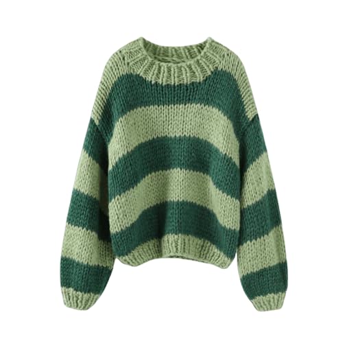 Women Y2K Striped Oversized Sweater Crewneck Long Sleeve Vintage Aesthetic Knit Pullover Tops Teens Cute Preppy Sweater (Deep Green, M)