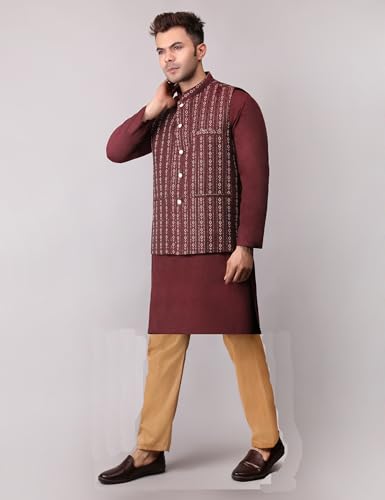 Image of Men's Cotton Silk Blend Regular Kurta Pyjama, Embroidered Nehru Jacket /Waistcoat Set