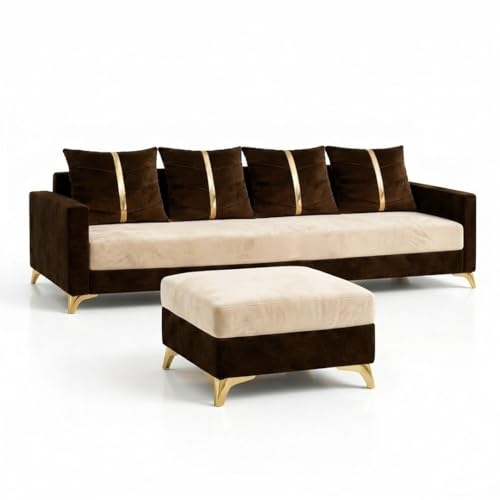 Image of Caviar 5 Seater L Shape Sofa Set with Movable Ottoman | Flexible Layout | Luxury Velvet Suede Fabric | Modern Living Room Sofa | Dark Brown-Cream