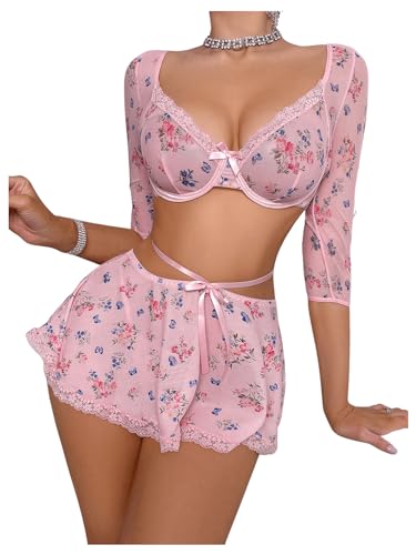 Women's Lace Trim Floral Underwire Lingerie Sets Cute Sheer Babydoll Lingerie Skirts Chemise Sleepwear Set4