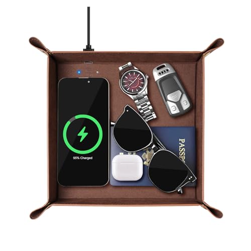 Wireless Charging Valet Tray, Hi-HONX Travel Essentials Organizer with 15W Fast Qi Charger for Passport, Phone, Keys, Wallet | Bedside Desk Valet Tray for Hotel, Home Entryway, Dresser