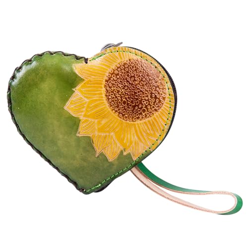 Wristlet Wallets for Women, Coin Pouch for Women,Small Leather Pouch With Zipper for Women Fashionable Wallet Leather Classic Money Bag，Sunflower Gifts for Women (Heart shaped green)