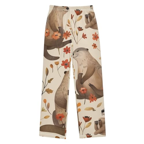 Otter Florals Boys Long Pants Soft Trousers Elastic Waist Kids Lounge Bottoms with Pockets S-XL