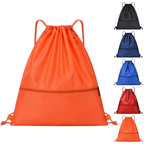 Arae Drawstring Backpack Bag with Front Pocket Waterproof Oxford Cloth, Lightweight Gym Sack for Sports and Travel (Orange, Small)