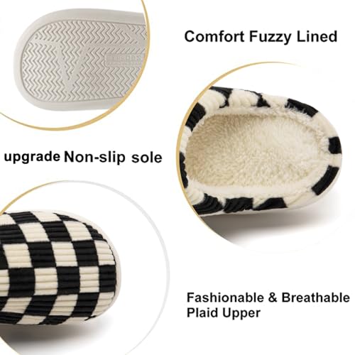 Image of Yueerlu House Slippers for Women Men, Fuzzy Checkered Mens Womens Slippers Warm Memory Foam House Shoes Indoor Outdoor with Faux Fur Lining