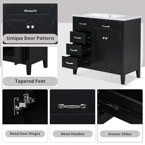 Image of Favfurish 36 inch Bathroom Vanity with Ceramic Sink,Undermount Single Basin Bath Vanity Set w /2 Soft-Close Doors and 3 Drawers,Modern Freestanding Storage Cabinet,Solid Wood Frame,Black