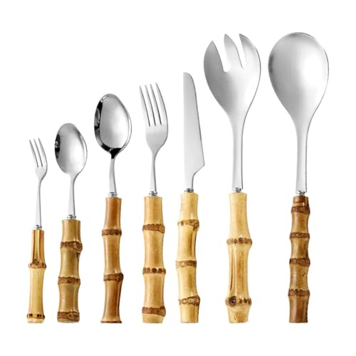 Juego Cubiertos Ecológicos Bambú Kit Utensilios Mango Madera Tenedores Cucharas Cubertería Acero Inoxidable 401 con Mangos De Bambú para Estilo Vida Sostenible (7 Piezas)