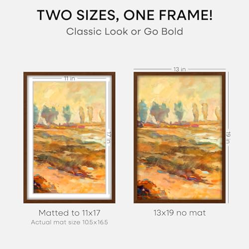 Image of Homeforia 13x19 Picture Frame Brown, High End Dark Oak 13x19 Wooden Frames with Mat 11x17, 13 x 19 Walnut Wood Poster Frame Matted to 11 by 17, 19x13 Hanging Frames, Tempered Glass, Wall Kit, Set of 2