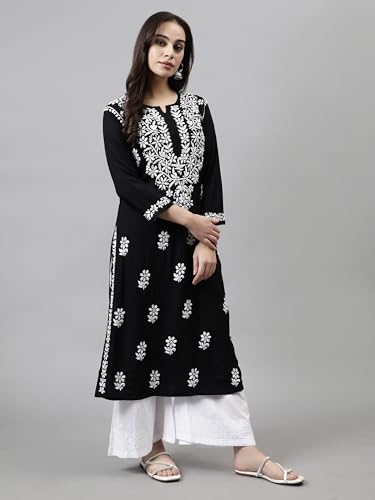 Image of Seva Chikan Hand Embroidered Lucknowi Chikankari Rayon Straight Kurta for Women SCL4532