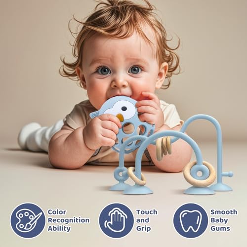 Image of Baby High Chair Suction Toys Teething Chew - Baby Teething Table Toys Silicone Teethers, Food Grade Silicon for 6 12 18 Months (Blue)