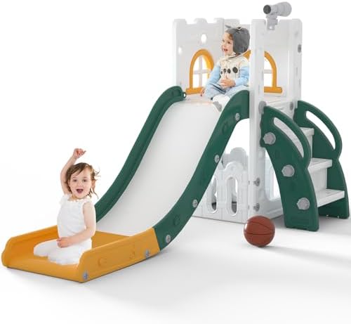 Tobogán Infantil 5 En 1 – Parque De Juegos Con Columpio, Escaleras, Canasta De Baloncesto Y Almacenamiento – Interior Y Exterior – Blanco Y Marrón