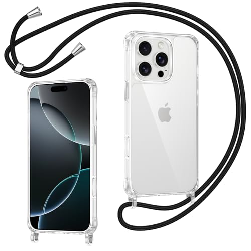 Coiwxmoi Handyband für iPhone 14 Pro Max Hülle mit Band Ultra Dünn Transparent [Anti-Vergilbung] Handyhülle mit Kordel zum Umhängen TPU Bumper Stoßfeste Schutzhülle für iPhone 14 Pro Max Schwarz