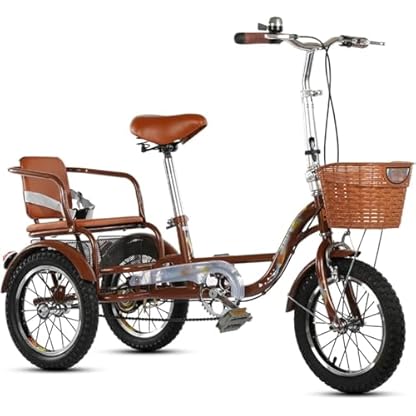 14-Zoll-Dreirad für Erwachsene, Fahrrad mit Kohlenstoffstahlrahmen, Rücksitz und Einkaufskorb, dreirädriges Cruiser-Fahrrad, traditionelles Design für Senioren (braun)