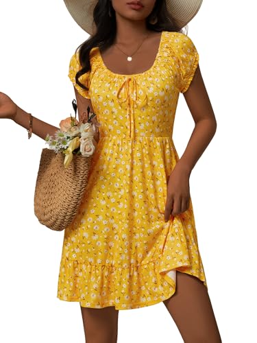 Image of HUHOT Teen Petite Women Floral Short Summer Mini Dresses with Pockets Cute Milkmaid Sundress 2026