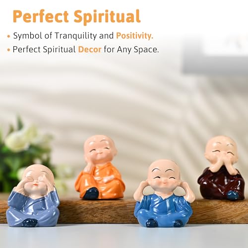 Image of HindCraft Mini Monk Figurines Set of 4 - See No Evil, Hear No Evil, Speak No Evil, Think No Evil Statues - Cute Ceramic Monk Ornaments for Home, Office, Meditation Festive Decor