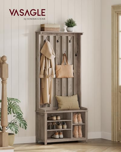 Image of VASAGLE Hall Tree with Bench and Shoe Storage, Coat Rack with Shoe Bench, 7 Double Hooks for Jackets, Hats, Entryway, Bedroom, Living Room, 13.8 x 31.9 x 70.9 Inches, Heather Greige UHSR414G01