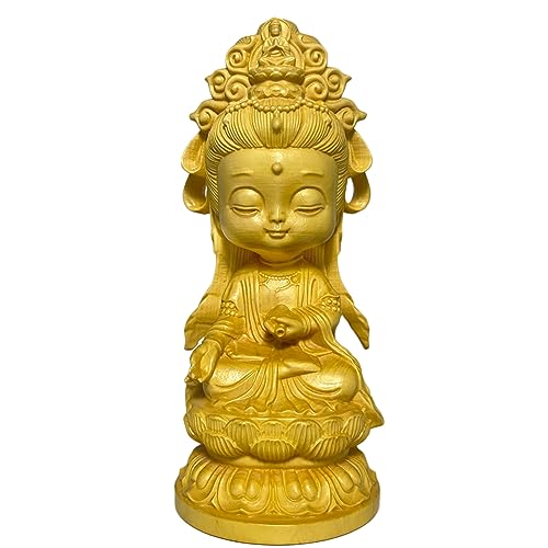 Umora 可愛い 観音像 木彫り 柘植製 観音菩薩 置物 厄除け 風水 玄関 開運グッズ 仏像 お守り 観音様 仏壇 祈る ボックス付き(9.5cm)