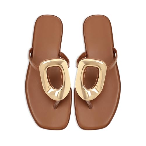 Image of Wnshonzy Flip-Flops for Women Thong Sandals Flat Slip on Slides Beach Comfort Open Square Toe Ladies Slipper Dressy Metal Hardware Decoration Summer Shoes Casual Fashion