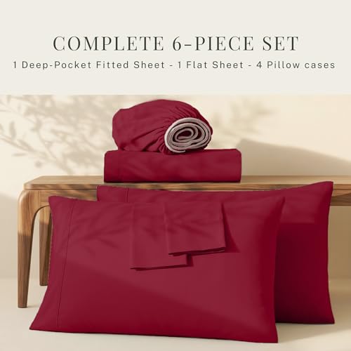 Image of Hearth & Harbor Extra Deep Pocket Sheets - Fits Mattress 18-24 Inches Deep - Extra Deep Pocket California King Size - 6 Piece Cal King Sheets - Cal King, Burgundy