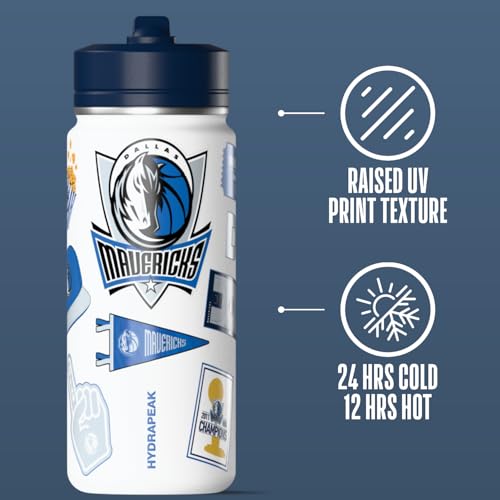 Image of Hydrapeak NBA Officially Licensed Dallas Mavericks 20oz Insulated Water Bottle with Straw Lid & Carry Handle, Leak-Proof Stainless-Steel Game Experience Sports Bottle for Kids, School, Camp