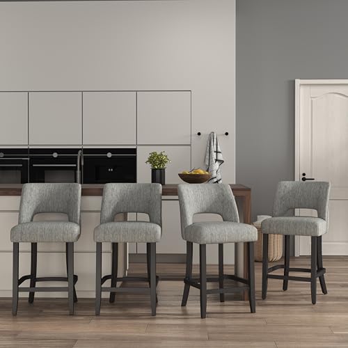 Image of VKNOW Bar Stools Set of 4, 26 inch Upholstered Counter Height Bar Stools, Modern Counter Stools with Black Legs for Kitchen Island Dining Room Bar, Light Grey-Black Legs