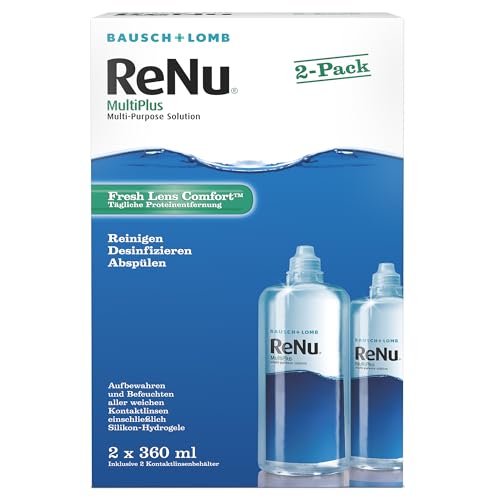 Bausch + Lomb ReNu MultiPlus Kombilösung mit Proteinentferner - Kontaktlinsenreiniger, Aufbewahrungslösung, weiche Linsen, 2er Pack, 2 x 360 ml