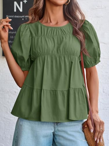 Image of Tankaneo Womens Puff Sleeve Peplum Babydoll Tops Summer Flowy Pleated Cotton T-Shirts Casual Loose Fit Cute Blouse