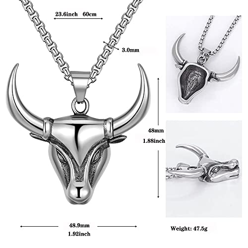 Bull Head Necklace for Men Stainless Steel Silver Cool Aesthetic Trendy Western Animal Cattle Horns Bull Head Pendant Necklace Hypoallergenic Non Tarnish Jewelry3