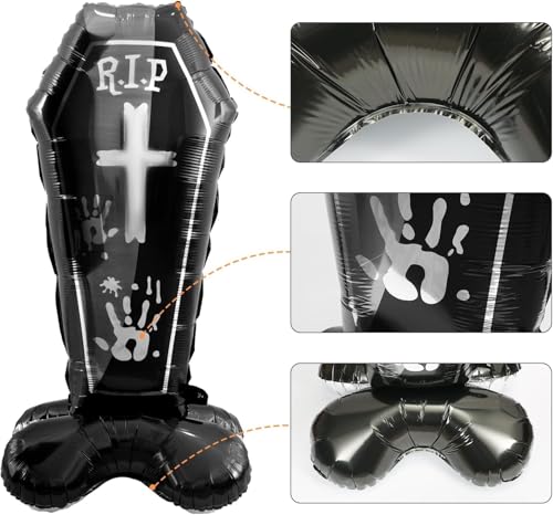 Image of AMFIN (Pack of 1) Self Standing 44 Inch Halloween Coffin Balloon - RIP Inflatable Self-Standing Foil Balloon for Halloween Party Decorations, Haunted House & Spooky Graveyard Decor- Black