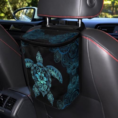 Image of Talayituse Blue Hibiscus Turtle Print Car Trash Can Portable Auto Garbage Bin Multifunctional Vehicle Interior Accessories with Adjustable Straps Universal Fit Truck SUV Sedan